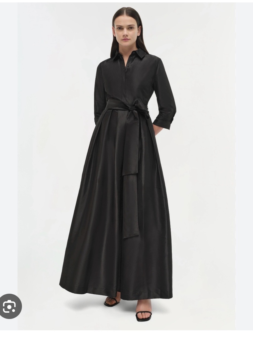 Satin Black Maxi Shirt Dress with Waist Sash
